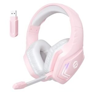 Pink Wireless Gaming Headset with Noise Cancelling Mic, Over-Ear Bluetooth Headphones for PC, Laptop, PS5, Mobile – Soft Memory Foam Earcups
