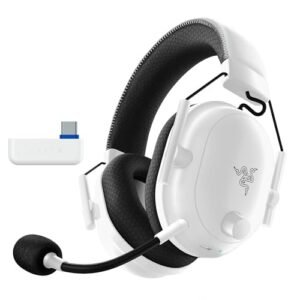 White Wireless Gaming Headset with Noise Cancelling Mic, Over-Ear Headphones for PC, Laptop, PS5, Xbox – Adjustable Lightweight Design